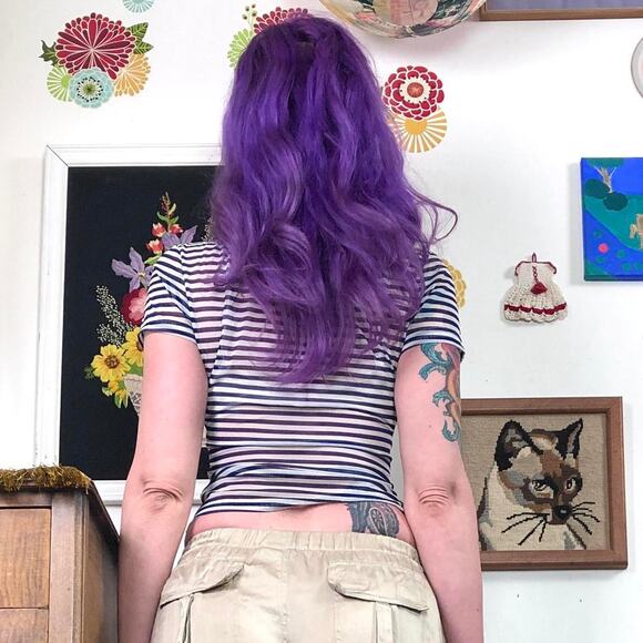 Vintage Navy & White Stripe Mesh Baby Tee, 1990s Calvin Klein Cropped T-Shirt S - Picture 3 of 13